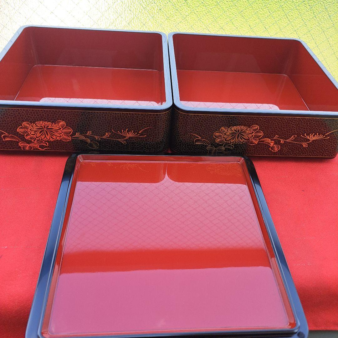 専用品【輪島塗　7.5寸\"2段重箱&重箱台】布着本堅地　沈金\"四君子　未使用品