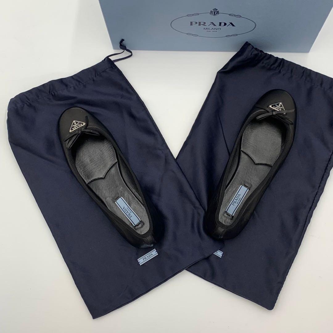 極美品 プラダ 三角ロゴ バレエシューズ パンプス リボン ナッパレザー 箱付き