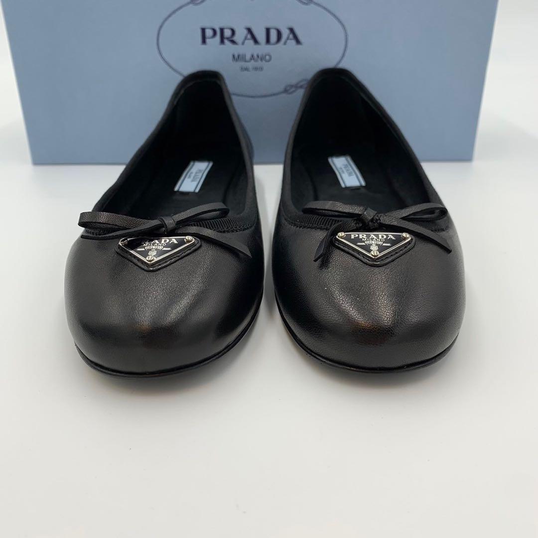 極美品 プラダ 三角ロゴ バレエシューズ パンプス リボン ナッパレザー 箱付き
