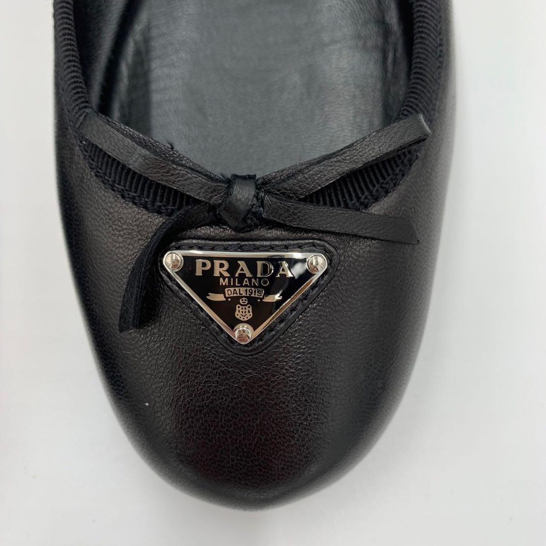 極美品 プラダ 三角ロゴ バレエシューズ パンプス リボン ナッパレザー 箱付き
