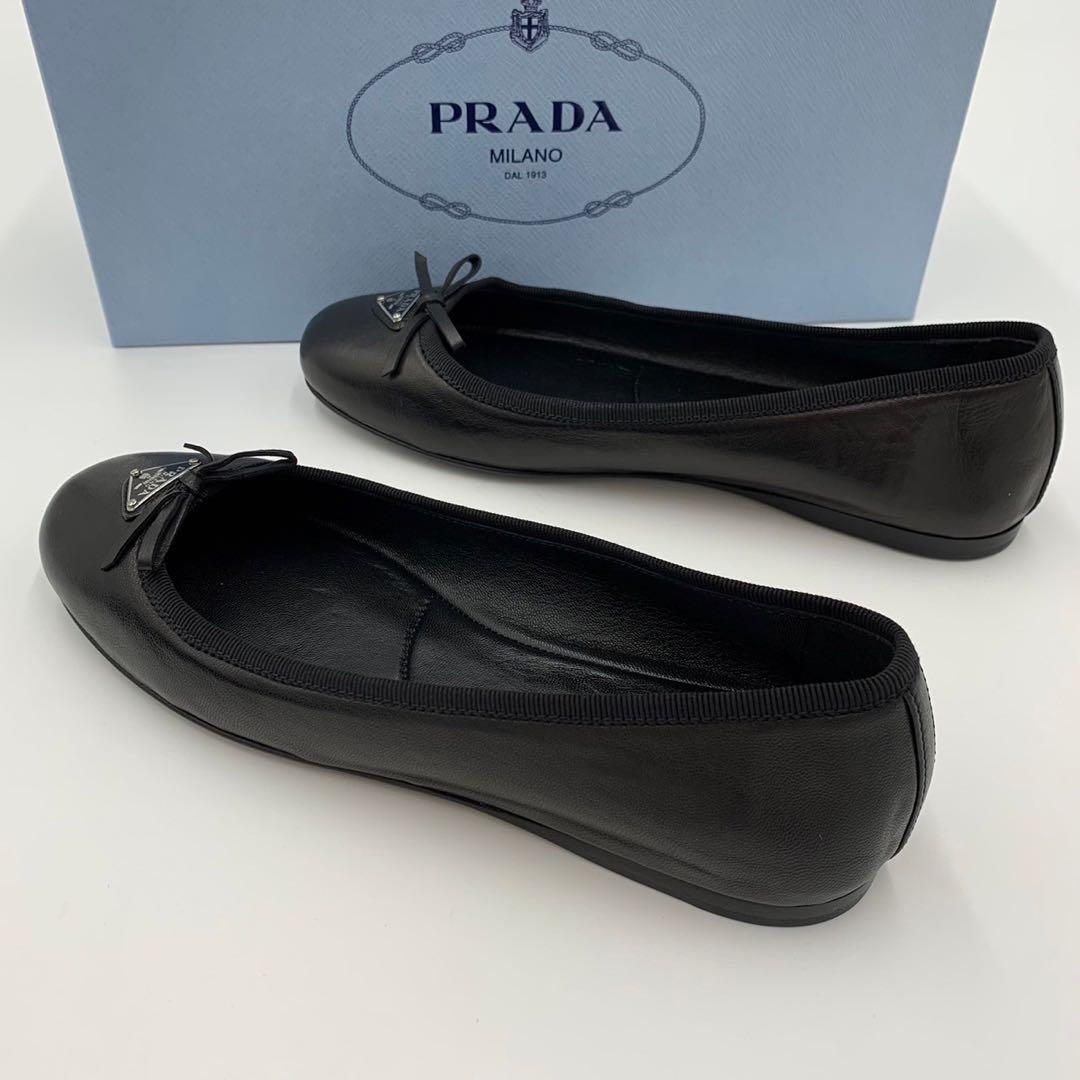 極美品 プラダ 三角ロゴ バレエシューズ パンプス リボン ナッパレザー 箱付き