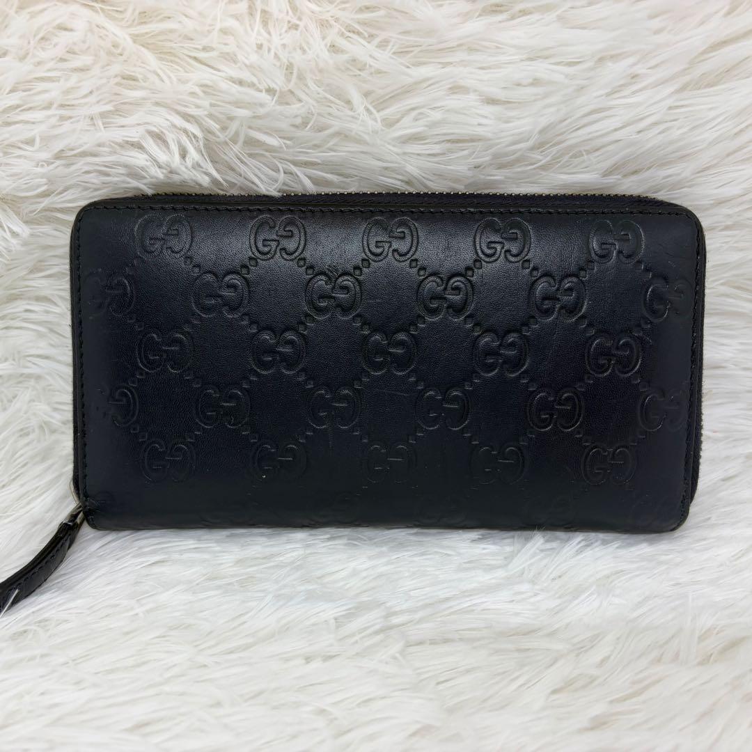 美品✨️グッチ　長財布　ラウンドファスナー　GG柄　シマ　レザー　ネイビー　紺