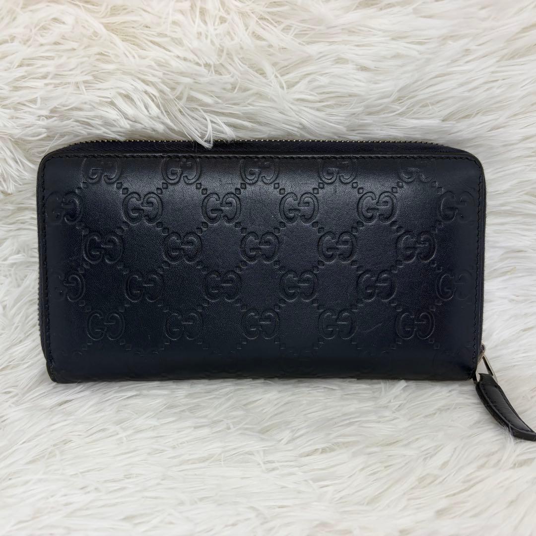 美品✨️グッチ　長財布　ラウンドファスナー　GG柄　シマ　レザー　ネイビー　紺