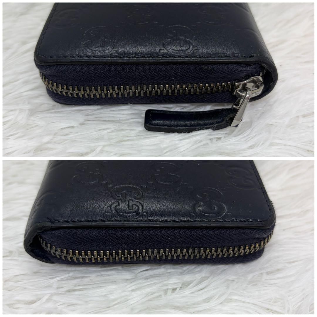 美品✨️グッチ　長財布　ラウンドファスナー　GG柄　シマ　レザー　ネイビー　紺