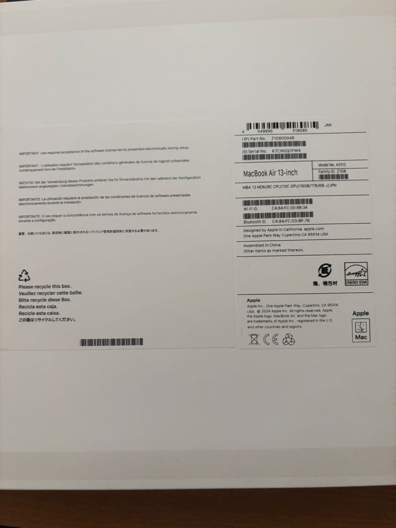MacBook Air M3 16GB 1TB ミッドナイト