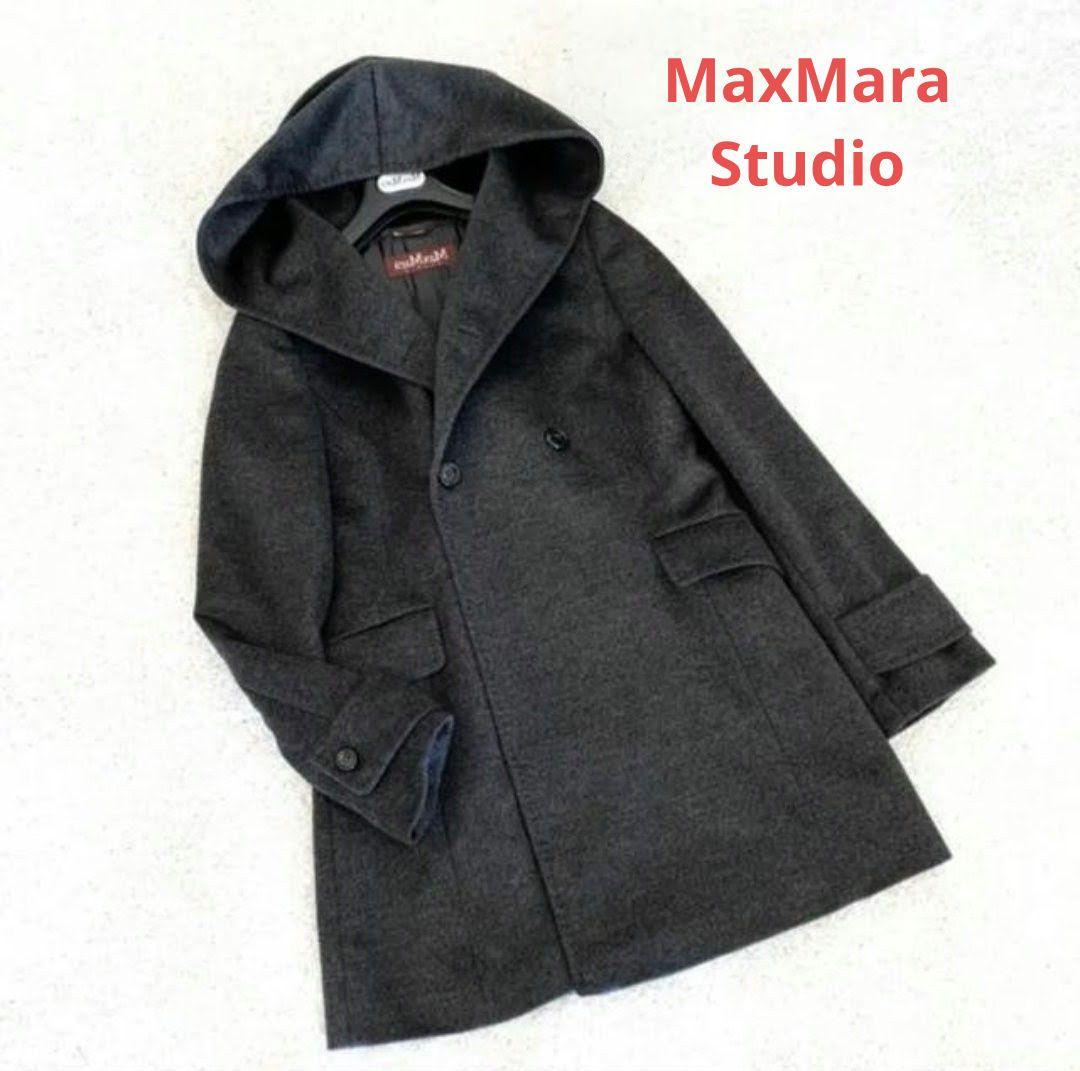 【美品】MaxMaraStudio フード付きダークグレーウールコート
