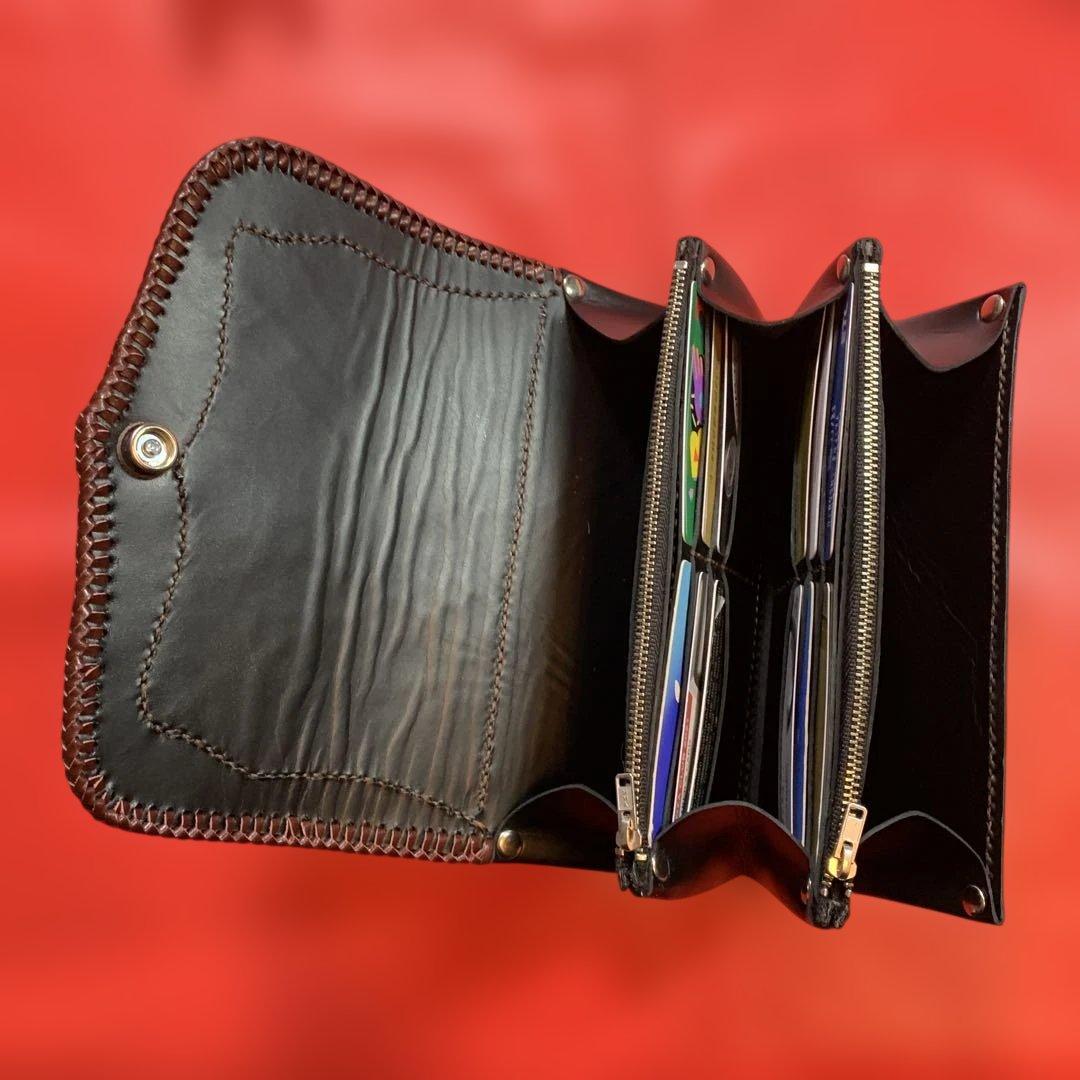 ハンドメイドレザークラフトダルメシアン柄ハラコアコーディオン長財布牛レース編み