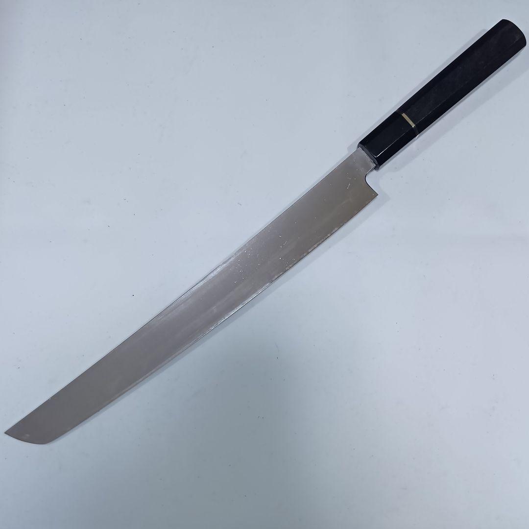 ステン本焼V金10号先丸柳刃包丁30cm鞘付黒水牛黒檀八角柄