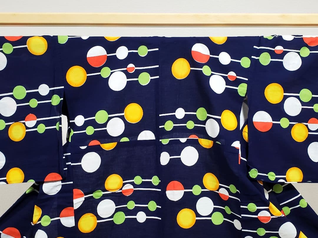 A 美品 浴衣 水玉模様 紺色 マルチカラー 綿 夏物 着物