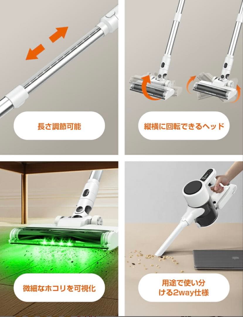 コードレス掃除機 サイクロン式 65000Pa LEDライト付き