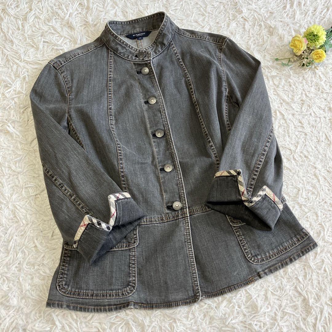 バーバリーロンドン ノーカラー デニムジャケット ノバチェック ロゴ刻印ボタン