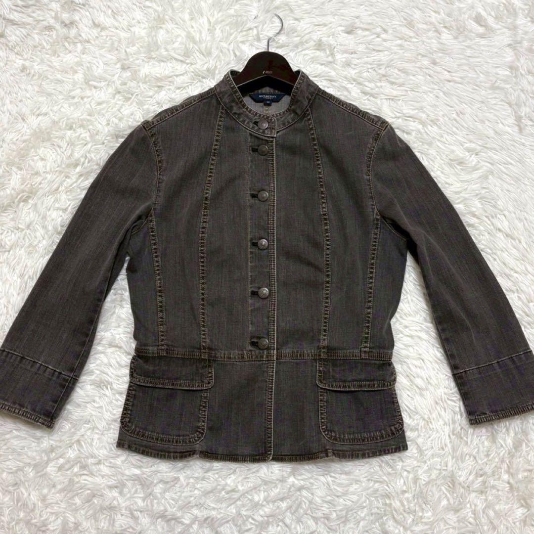 バーバリーロンドン ノーカラー デニムジャケット ノバチェック ロゴ刻印ボタン