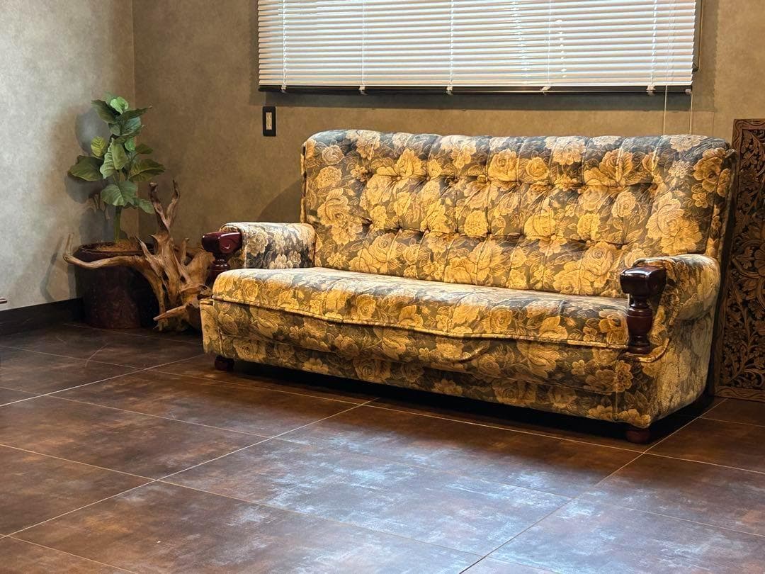 希少　金華山織　ベロア生地　ヴィンテージ　3Pソファ　アンティーク　レトロ　IZ