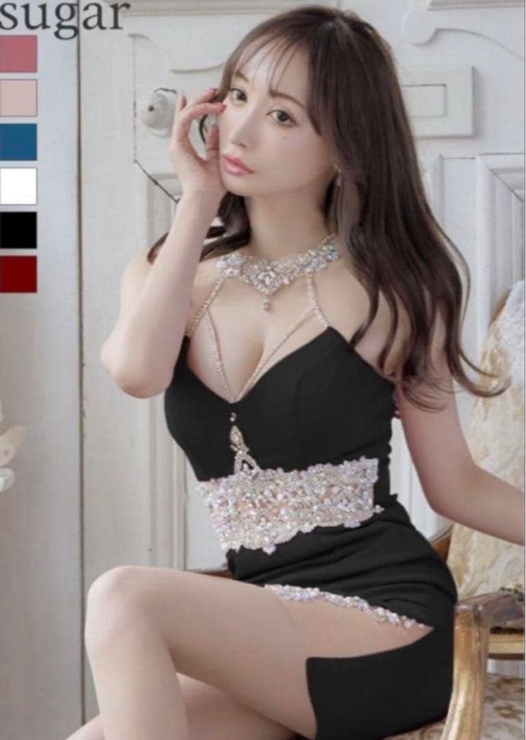 AR ビーズ装飾 ブラック タイトドレス