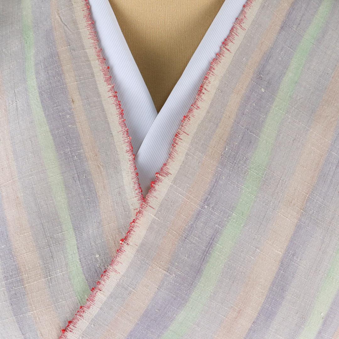 2887★手織　本場越後紬　いしくら 紬★パステル　ストライプ★反物★