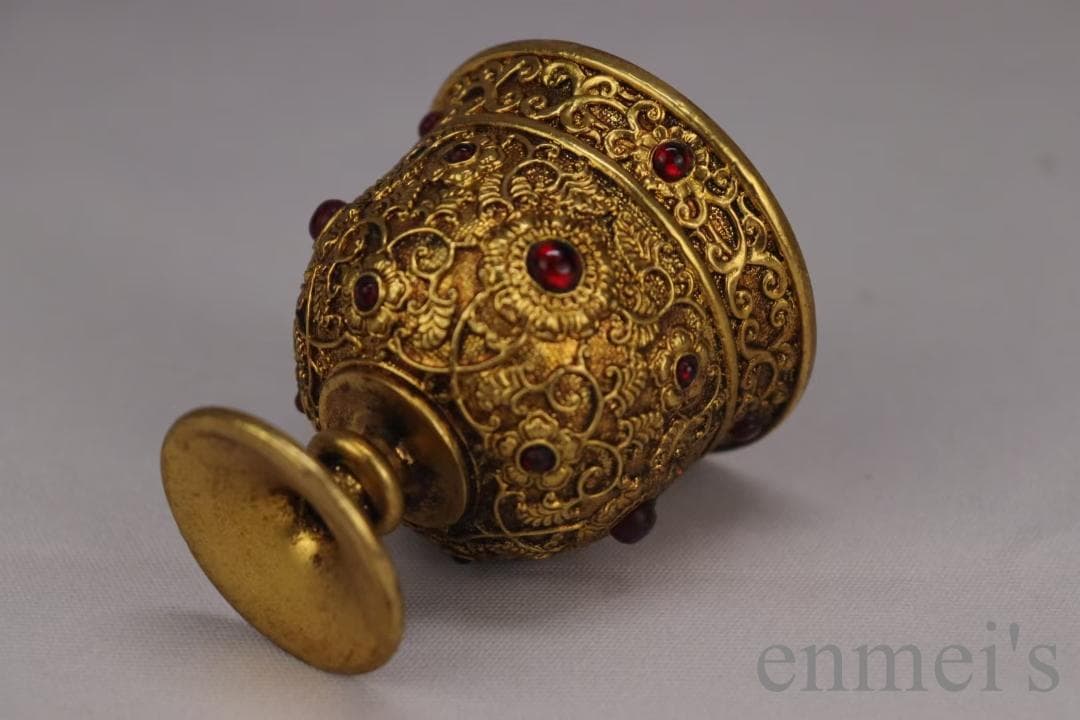 中国古美術 旧蔵清代 鍍金銅酒杯 嵌宝石酒器 精銅製 鍍金 文房 酒具 純手作り