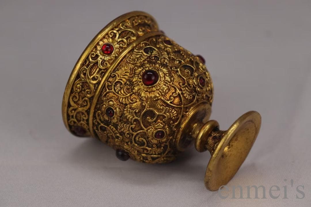 中国古美術 旧蔵清代 鍍金銅酒杯 嵌宝石酒器 精銅製 鍍金 文房 酒具 純手作り