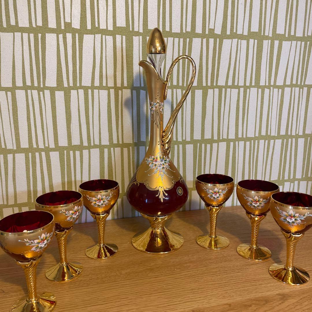 Murano Glass 赤金 デキャンタとグラスセット