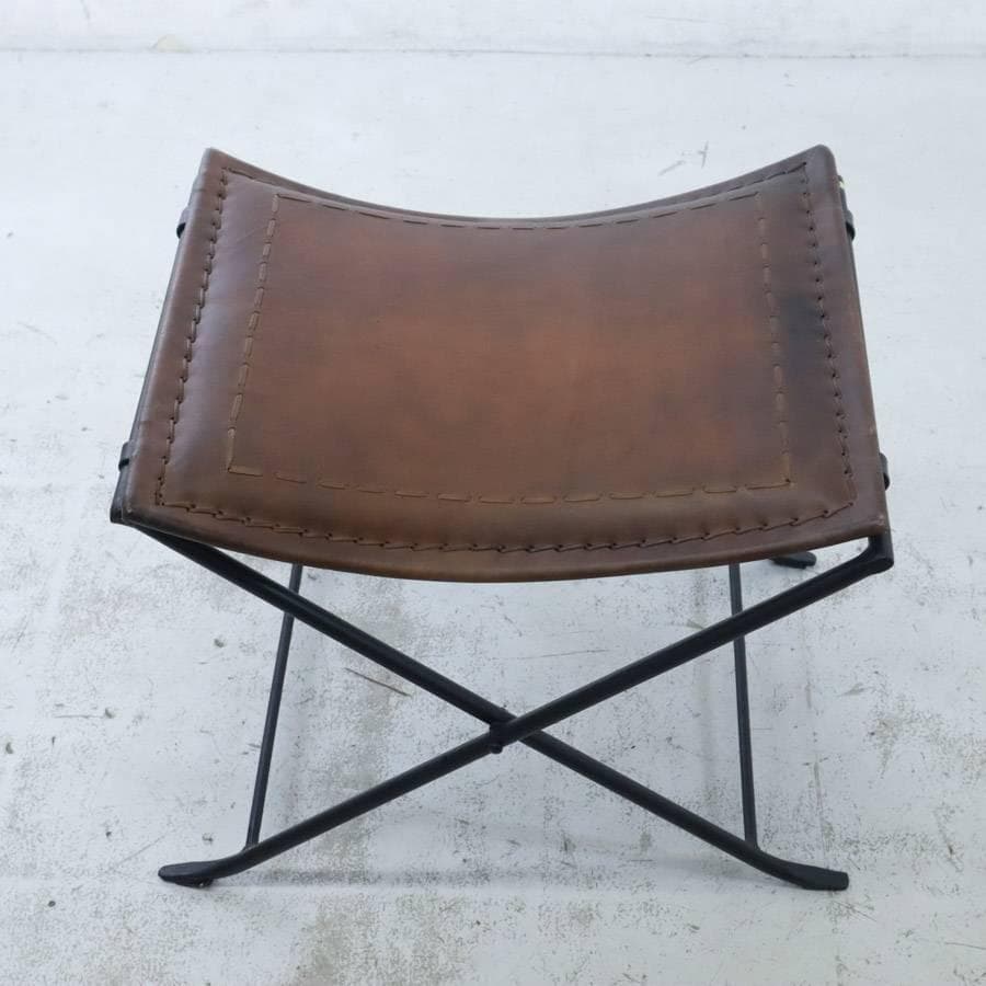 B-COMPANY 折りたたみ式レザースツール 山羊革 アイアン ハンドメイド