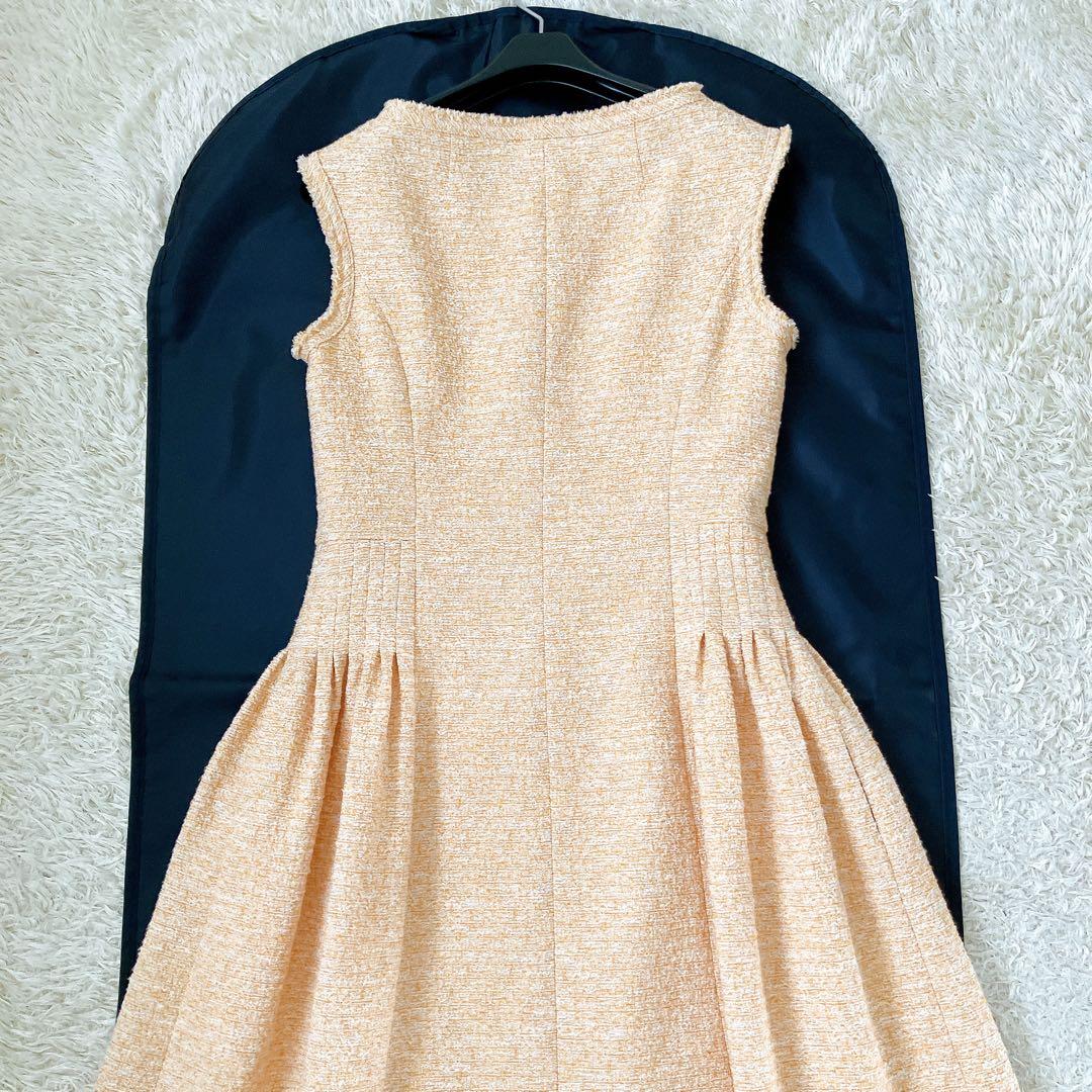 美品✨ツイードワンピース ダブルジップ ビジュー 34 オレンジ系 前開き