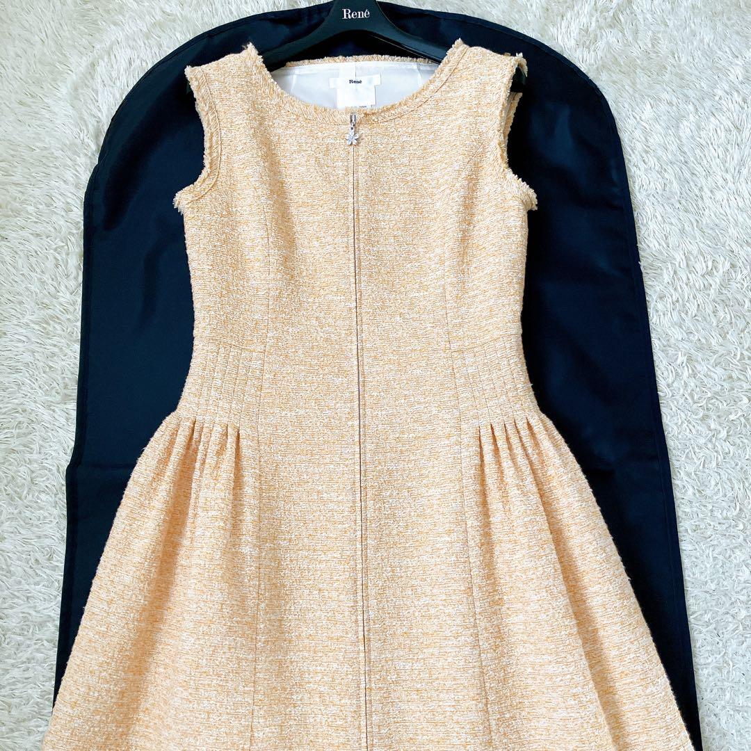 美品✨ツイードワンピース ダブルジップ ビジュー 34 オレンジ系 前開き
