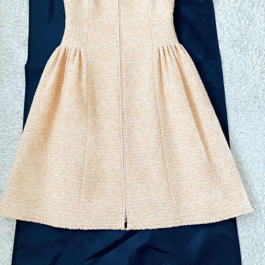 美品✨ツイードワンピース ダブルジップ ビジュー 34 オレンジ系 前開き