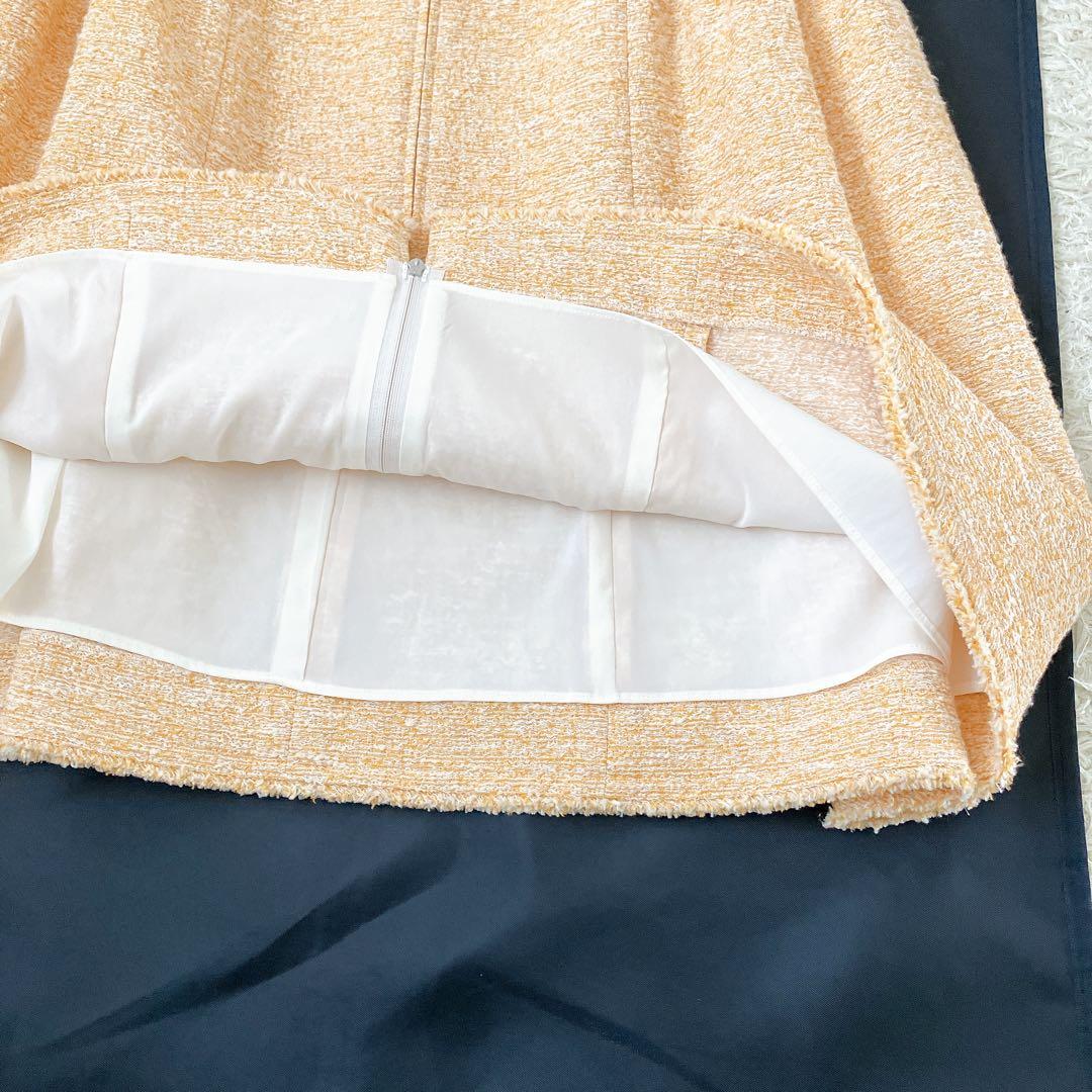 美品✨ツイードワンピース ダブルジップ ビジュー 34 オレンジ系 前開き