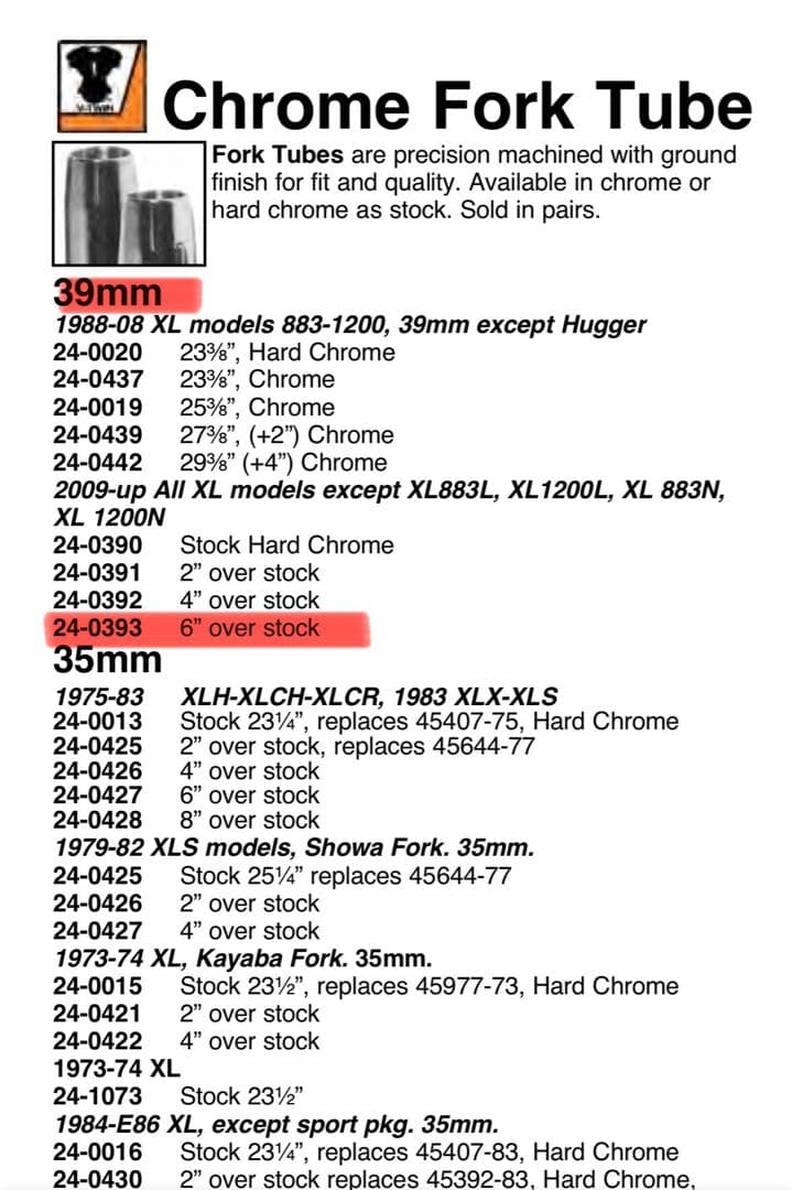 39mm フォーク6インチオーバー インナーチューブ ハーレー スポーツスター