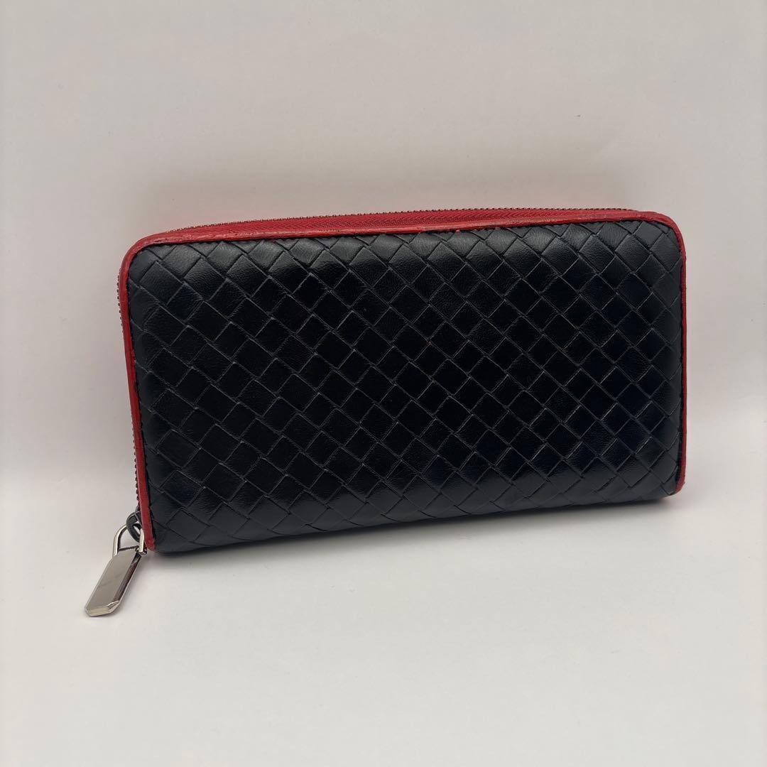 ◆正規品◆ボッティガヴェネタイントレチャート ラウンドファスナー長財布ブラック