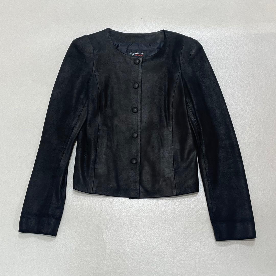 agnes b ラムスキン ノーカラー レザー ジャケット