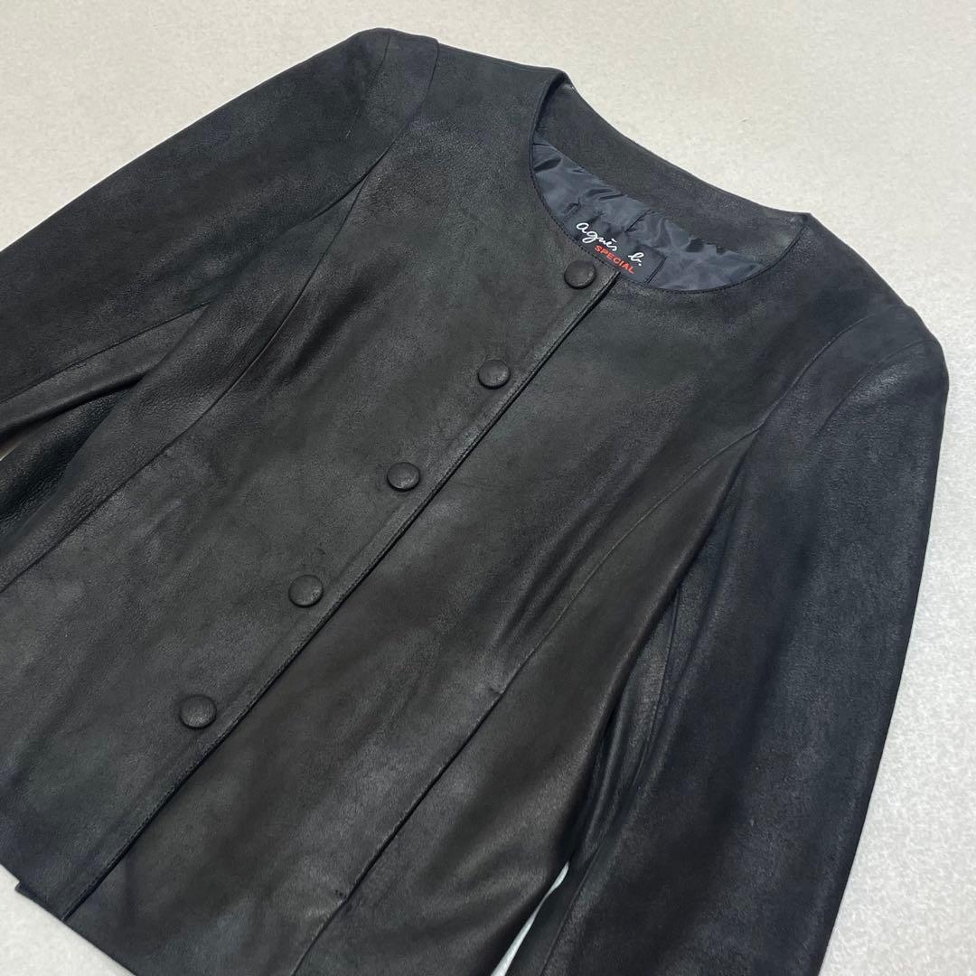 agnes b ラムスキン ノーカラー レザー ジャケット