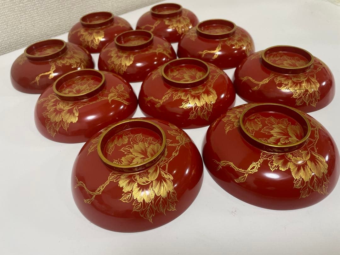 漆器 朱漆 内朱塗 漆器 吸物 懐石椀 煮物椀 10 客 牡丹柄 アンティーク