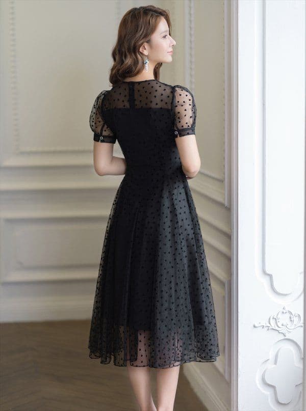 【銀座クチュール】ハートドットチュールパフスリーブ Aラインミディアムドレス