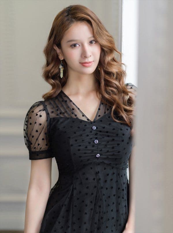 【銀座クチュール】ハートドットチュールパフスリーブ Aラインミディアムドレス