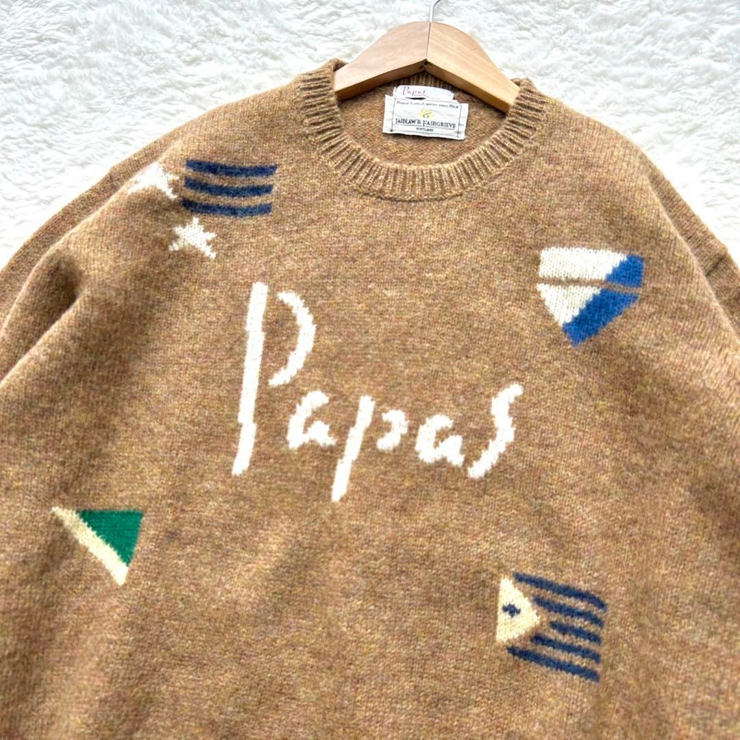【美品】PAPAS パパス　国旗　長袖　ウール　ニット　セーター　ビックロゴ