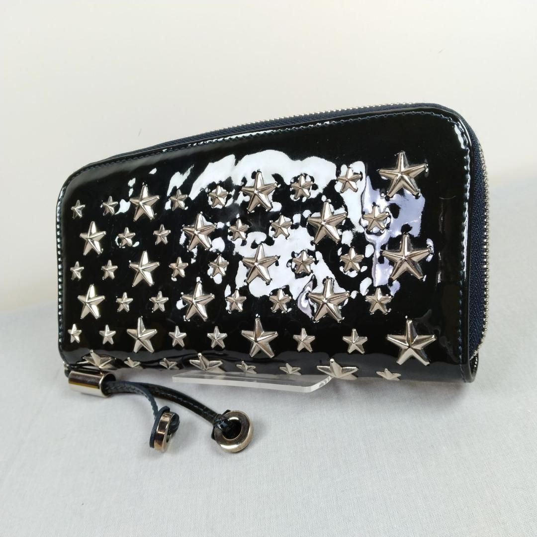 超美品 ジミーチュウ★スタースタッズ ジッピーウォレット エナメル 黒 化粧箱付