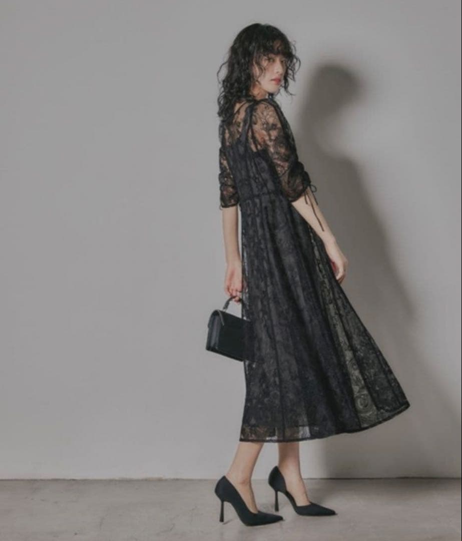 【niana】刺繍レースロングカーデキャミワンピセットドレス