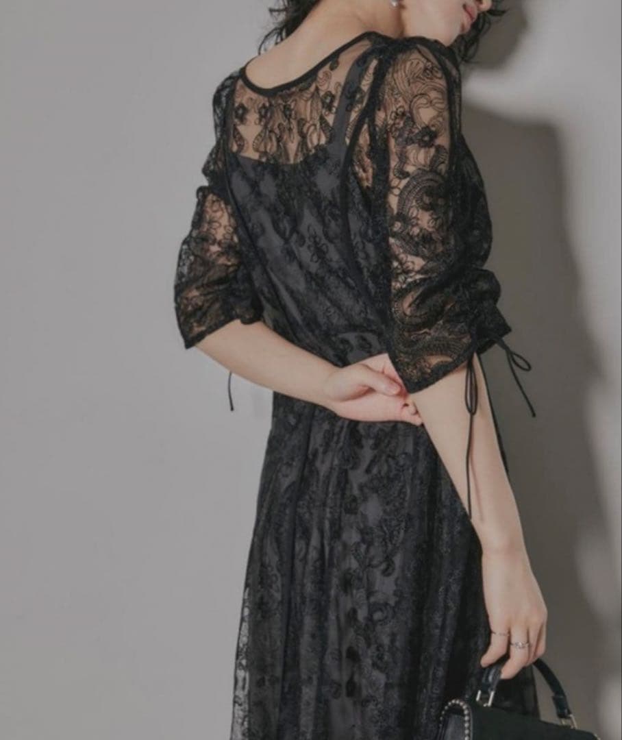 【niana】刺繍レースロングカーデキャミワンピセットドレス