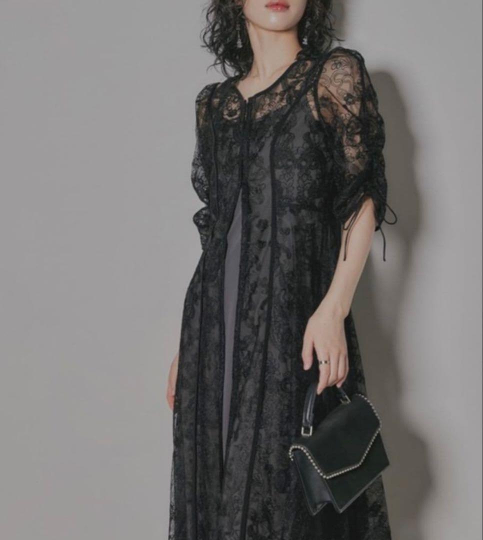 【niana】刺繍レースロングカーデキャミワンピセットドレス