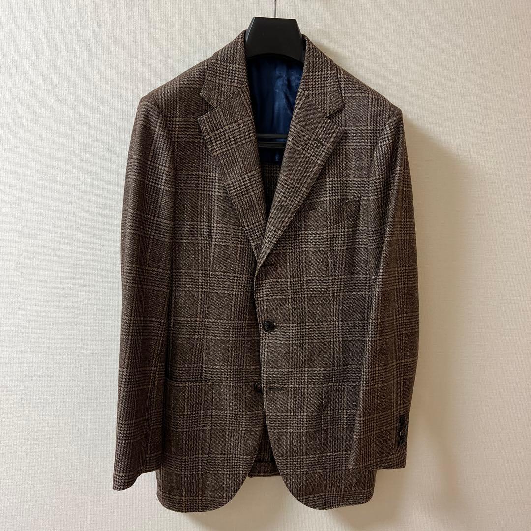 バルバ BARBA シルク・カシミヤ混 ウールジャケット 茶グレンチェック 46