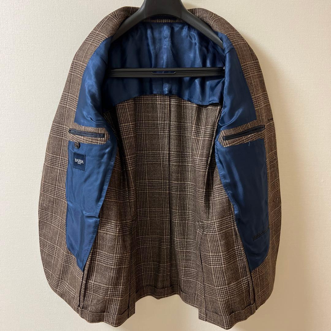 バルバ BARBA シルク・カシミヤ混 ウールジャケット 茶グレンチェック 46