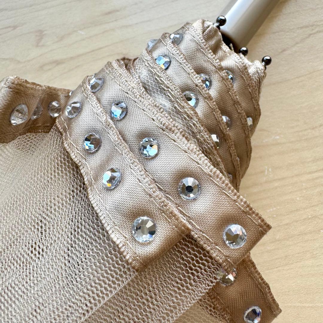 ★新品★サンドレス　晴雨兼用　日傘　楽折　１級遮光　クリスタルビジュー　ベージュ