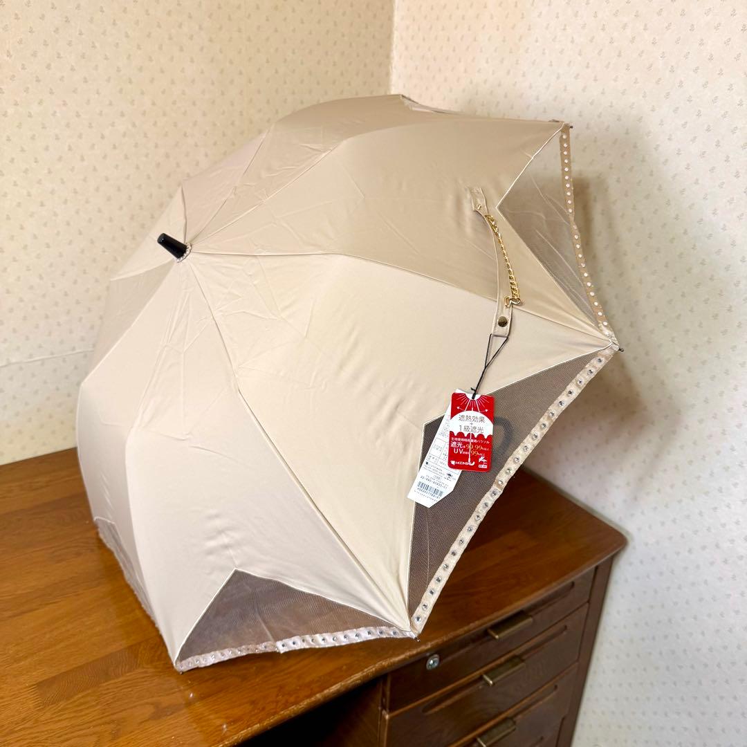 ★新品★サンドレス　晴雨兼用　日傘　楽折　１級遮光　クリスタルビジュー　ベージュ