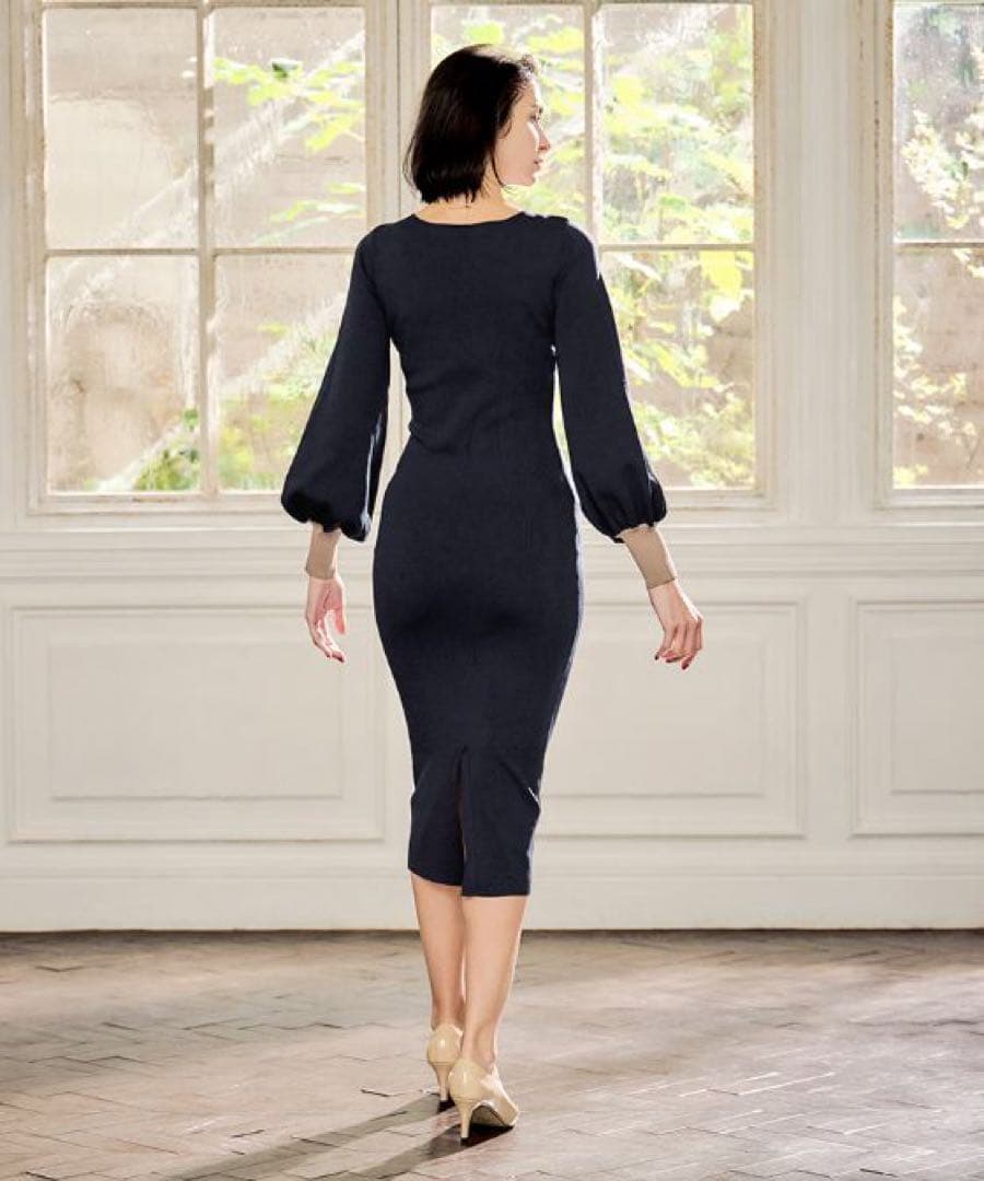 JENNE 配色カフスニットワンピース　ネイビー　S