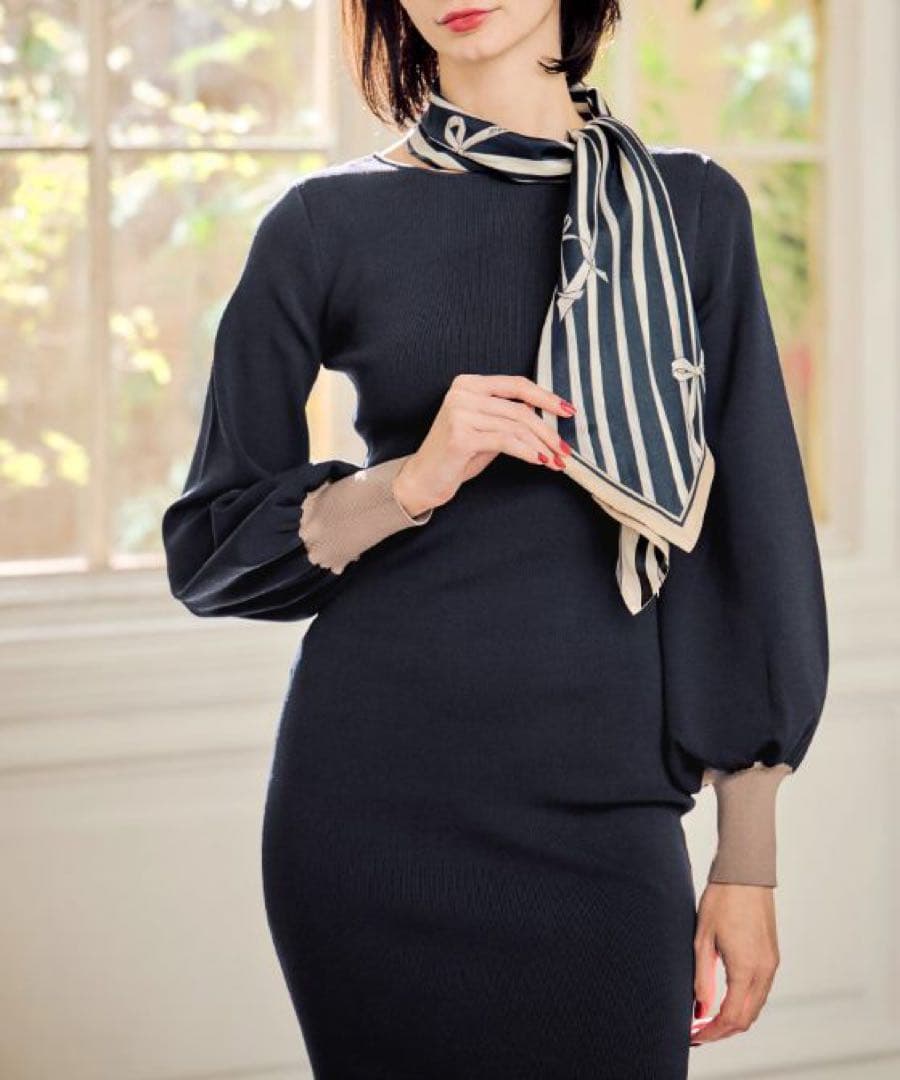 JENNE 配色カフスニットワンピース　ネイビー　S