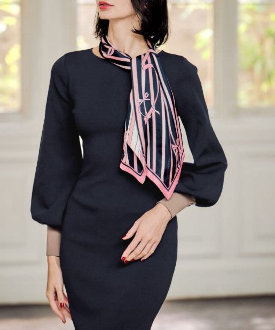 JENNE 配色カフスニットワンピース　ネイビー　S