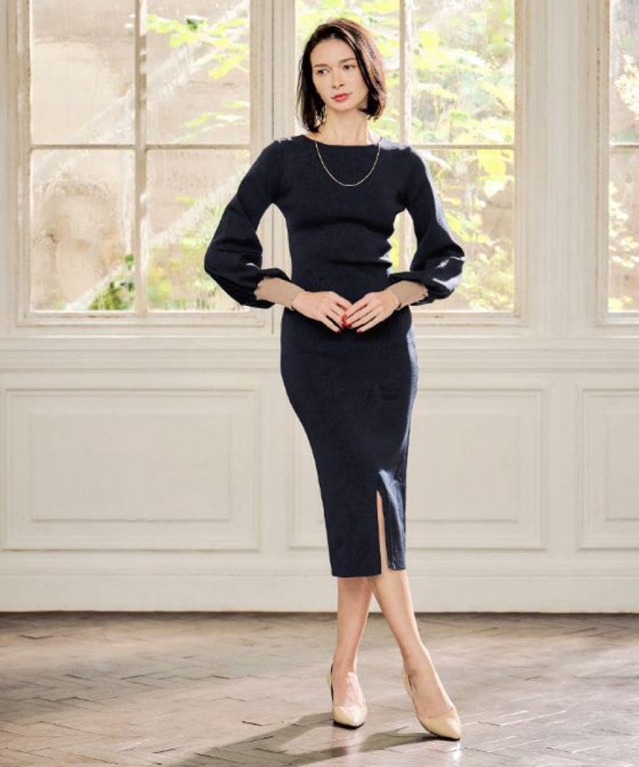 JENNE 配色カフスニットワンピース　ネイビー　S