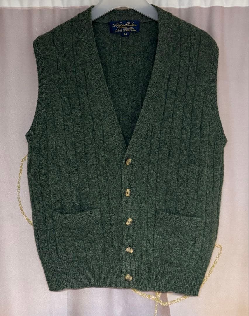 ブルックスブラザーズ ラムウール ケーブルニット カーディガンベスト グリーン