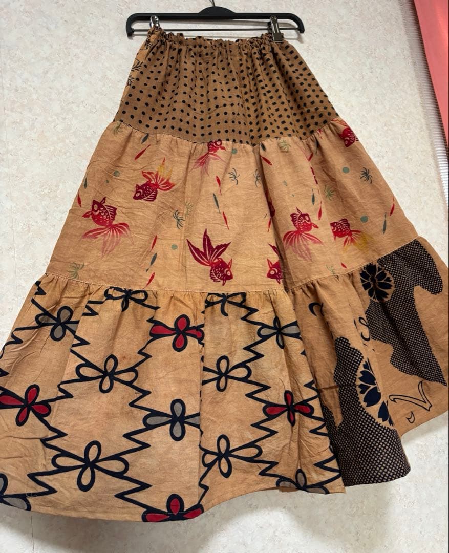 柿渋染め手ぬぐいと浴衣を使った3段ティアードパンツ　金魚　豆絞り