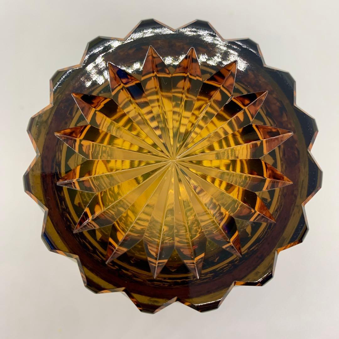 【トミー】江戸切子 オールドグラス 風神雷神に福菱 琥珀ルリ 太武朗工房